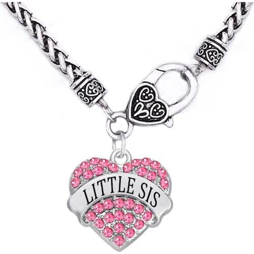 Crystal Hearts Names Charms Little Sis Necklace Family Member Wheat Chain Gift Jewelry