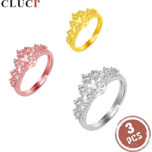 CLUCI 3pcs Silver 925 Crown Zircon Rings for Women 925 Sterling Silver Pearl Ring Mounting Adjustable Ring Jewelry SR2134SB