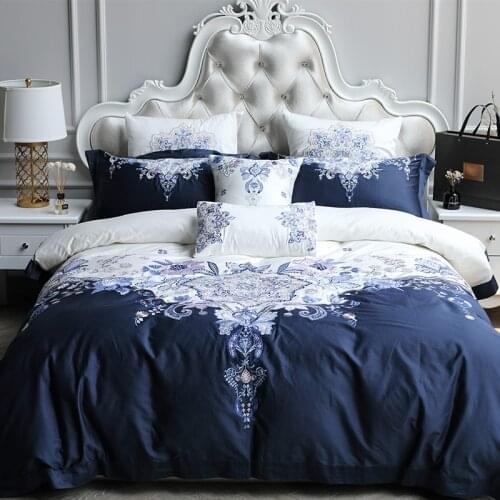 White 120S Egyptian Cotton Luxury Embroidery Royal Bedding Set King Queen Wedding Bed Sheet Cover set Duvet Cover 4pcs 6pc blue