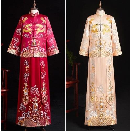 Red Groom Vintage Loose Cheongsam Traditional Chinese Wedding Gown Satin Qipao Embroidery Dragon Costume Vestidos