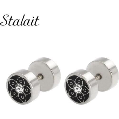 Round Zircon Shape Gold Black Color Stainless Steel Flower Pattern Earring For Women Men Punk Gothic Barbell Earring Man Jewelry