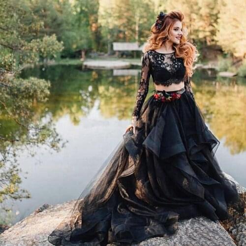 Long Sleeves Lace Black Gothic Wedding Dresses Two Piece Tulle Puffy Bridal Gowns Formal 2020 Vestidos De Mariee