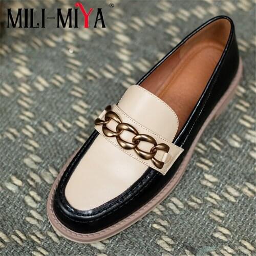 MILI-MIYA Brand Design New Arrival Women Cow Leather Pumps Slip On Round Toe Low Thick Heels Casual Street Shoes Handmade