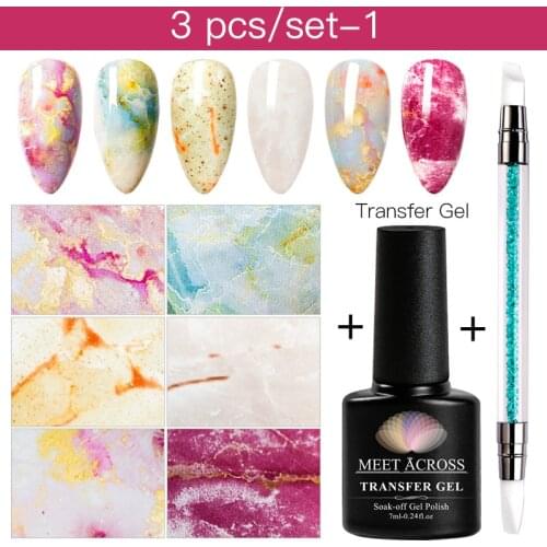 MEET ACROSS Nail Foil Adhesive Glue Set Marble Series Nail Foils Sticker Transfer Glue Nail Art DIY Decoration Accessory