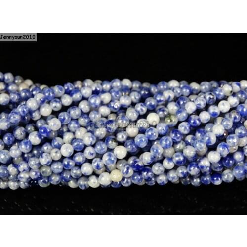 Natural Blue Spot Gems Stones 2mm Smooth Round Spacer Loose Beads 15'' Strand for Jewelry Making Crafts 5 Strands/Pack