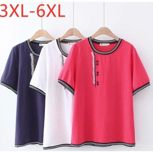 New 2021 Ladies Summer Plus Size Tops For Women Large Blouse Short Sleeve Linen Red White Blue Embroidery Shirt 3XL 4XL 5XL 6XL