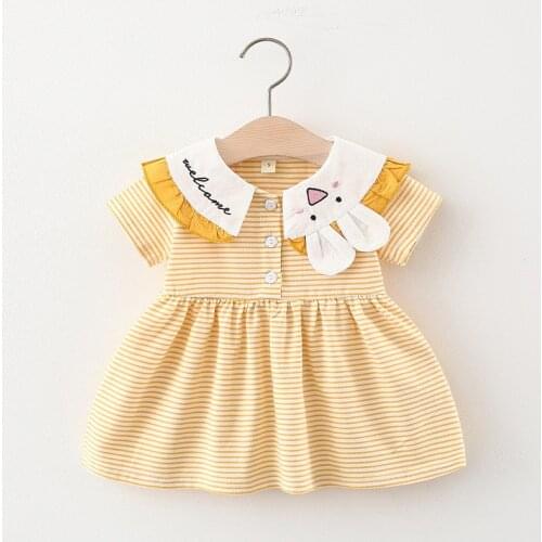 New Summer Baby Girl Clothes Baby Girl Dress Striped Cartoon Rabbit Doll Collar Short Sleeve Girl Dresses Cute Kids Clothes 0-3Y