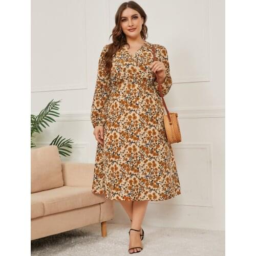 Printed Autumn Dress Plus Size V-neck Bandage Long Sleeve Clothing Fall Clothes for Women New Arrival 2021 Dropshipping Hot Sale