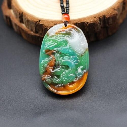 Natural Color Jade Dragon Phoenix Pendant Necklace Chinese Carved Chrm Jadeite Jewelry Fashion Amulet for Men Women Lover Gifts