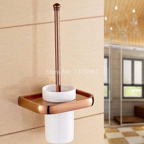 Luxury Rose Gold Brass Bath Hardware Wall Mounted Toilet Brush & Holder Set White Brush Ceramic Cup Bathroom Accessory aba869