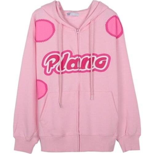 European and American park retro pink sweet cute girl letter hooded zipper street sweater warm jacket female oversized hoodie
