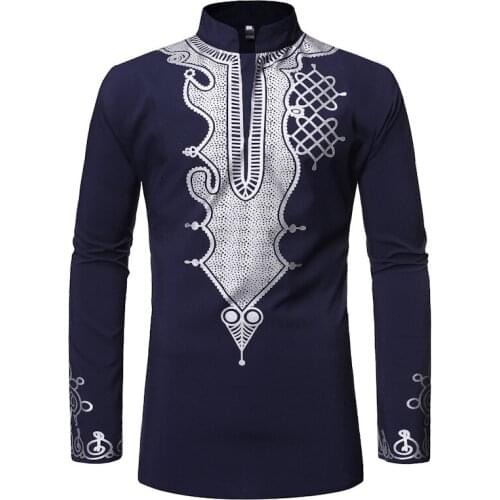 Mens African Dashiki Print Shirt Long Sleeve Stand Collar Shirts Traditional Ethnic Slim Fit Casual Men African Clothes Chemise