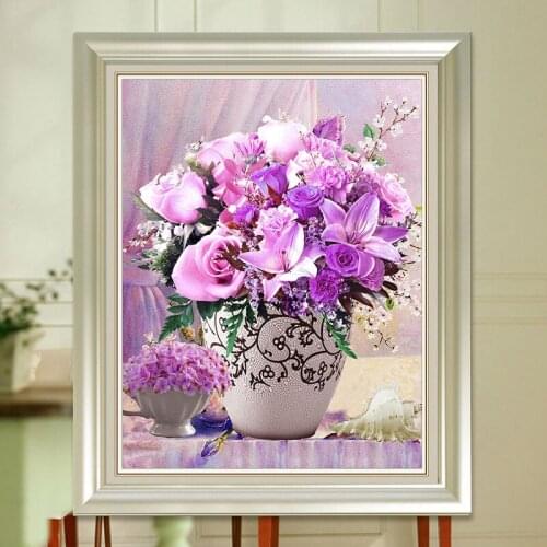 Needlework Arts Crafts 5D Diy Diamond Painting Cross Stitch Purple Flower Diamond Embroidery Flower Series Vase Mosaic Picture