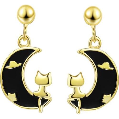 Gold Silver Colour Moon Cute Cat Stud Earrings For Women Elegant Party Fashion Earrings Jewelry Gifts for Ladies Girls