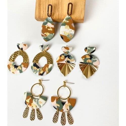 Clay Earrings Fashion Jewelry Gold Leaf Big Geometric Originality Marble Pattern Morandi Color Drop Dangle Polymer Clay Earrings