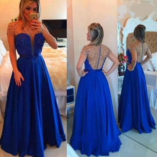 Royal Blue Chiffon Beads Sexy Backless Evening Mother of the Bride Dresses Plus Size Weddings Party Vestidos Mae Da Noiva