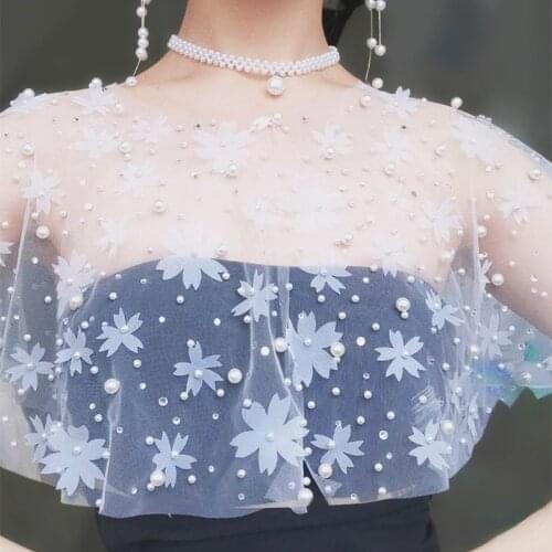 Bridal Luxury 3D Flower Wedding Cape Lady Elegant Illusion Party Shawl Romantic Pearl Beaded Tulle Bolero Women Button Shrug