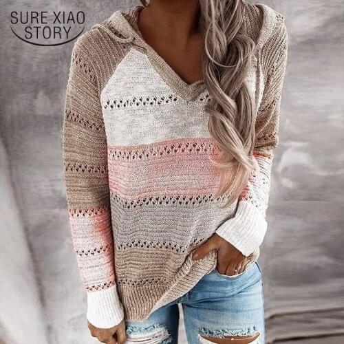 Long Sleeve Knitted Sweater Autumn Casual V Neck Patchwork Hooded Sweater Women Top Winter Striped Pullover Women Jumpers 11663