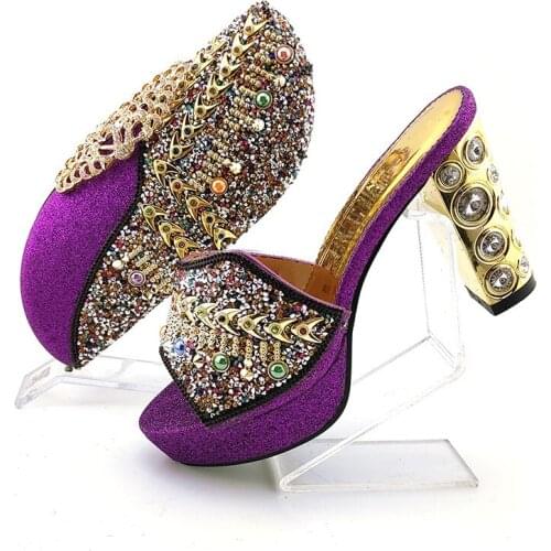 High grade purple women pumps with crystal decoration heel style african dress shoes match purse set QSL018,heel 10.5CM