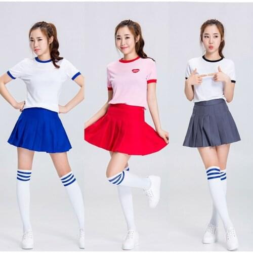 Japanese School Uniform Women Gleeing Cheerleader Bow Dance Anime Schoolgirls Pleated Mini Skirt Shirt Cosplay Party Top Outfit