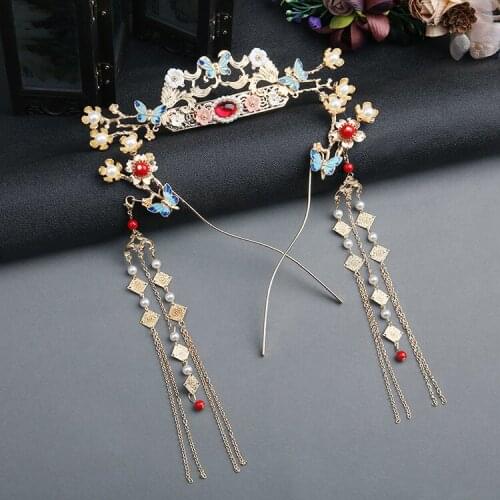 Antique Tassel Golden Butterfly Hairpin Bridal Chinese Traditional Wedding Crystal Hair Comb Hair Ornaments