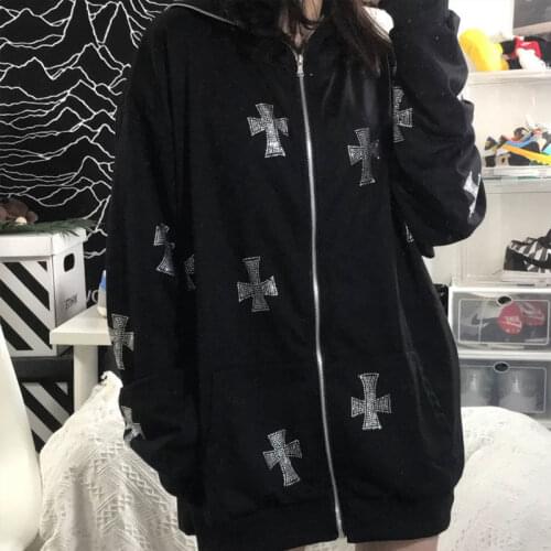 Vintage Rhinestone Print Sweatshirt Women Punk Style Hip Hop Zip Up Oversized Hoodies E-girl Harajuku Gothic Black Jackets Coat