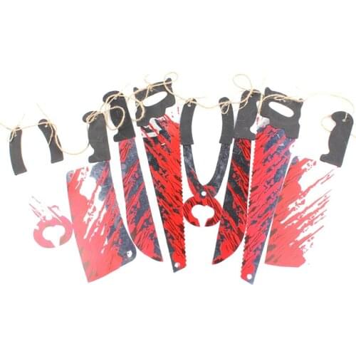 2 Sets Halloween Bloody Weapons Hanging Scary Banner Fake Torture Metallic Butcher Knives Chainsaw Pendant Newest