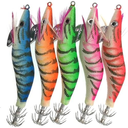 5pcs 10cm 12g 2.5# Luminous Squid Jig Fishing Wood Lure Squid Cuttlefish Jigs Jig Lure Wood Shrimp Lures