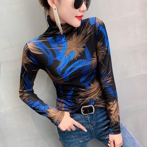 #5705 Blue Green Red Turtleneck T Shirt For Women Casual Printed T-shirt Female Slim Stretch Top Long Sleeved Sexy Korean Style