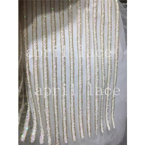 Ap2051 # 5 yards cream white gold stripe romantic hand print glued glitter net tulle mesh sugar lace fabric for sawing dress