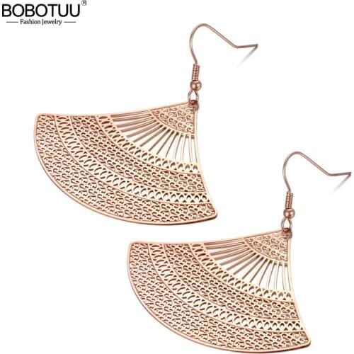 BOBOTUU Ethnic Titanium Stainless Steel Hollow Geometry Sector Earrings Jewelry Hyperbole Dangle Earrings For Women Girl BE19241
