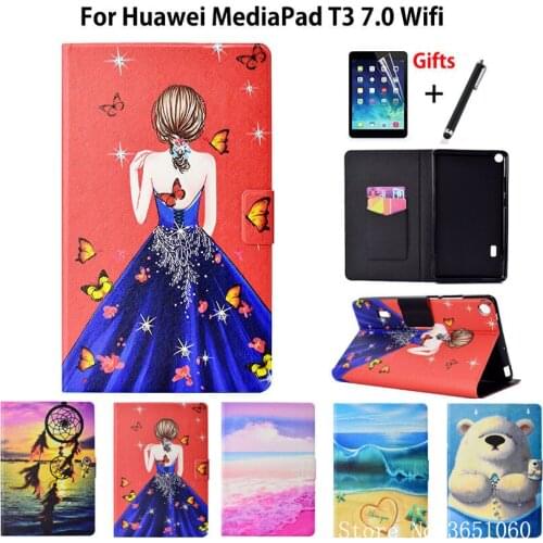 Case for Huawei MediaPad T3 7.0 BG2-W09 Cover Stand Funda Fashion Girls TPU + PU Leather for Honor Play Pad 2 7.0 +Film+Pen