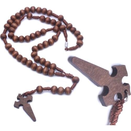 Jesus Wooden Prayer Beads 6mm Rosary Cross Necklace Pendant Woven Rope Chain Jewelry Accessories Church Supplies