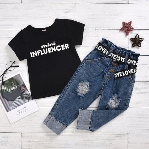 Children Clothing 2020 Summer Toddler Baby Kids Girl Clothes Set Short Sleeve Letter T-Shirt Ripped Denim Pants Fashion Outfits