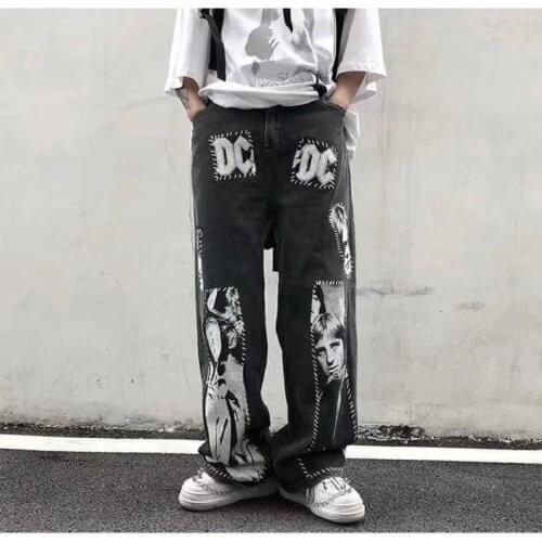 Character Patchwork Oversize Baggy Jeans Mens Straight Jeans High Street Fashion Hip Hop Women Loose Jeans Denim Wide Leg Pants