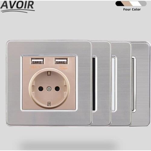 Avoir Usb Wall Socket Electrical Outlet EU European Standard Stainless Steel Panel 86 Type Power Sockets With Dual USB 2.1A 220V