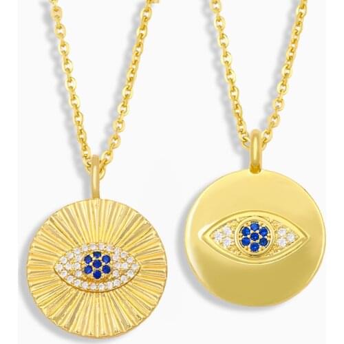 FLOLA Gold Vermeil Round Evil Eye Necklace For Women Turkish Eye Pendant Necklace CZ Cubic Zirconia Wholesale Jewelry nkeu32