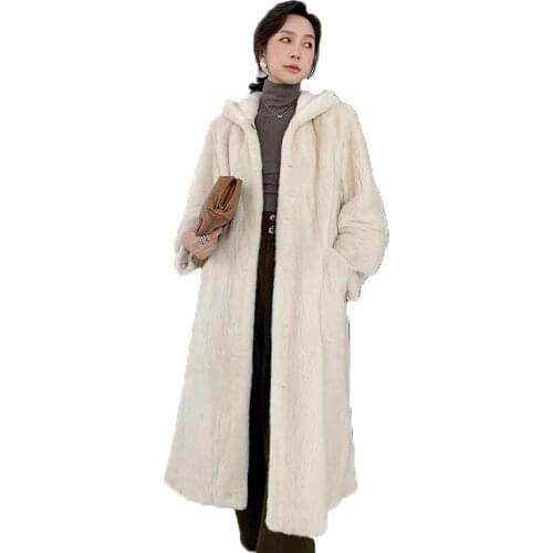 Fstmxur 2021 Winter Copenhagen Imports Velvt Mink Coat Womens Jacket Full Sleev With Fur Hood Warm Soft X-Long Mink Fur Coats