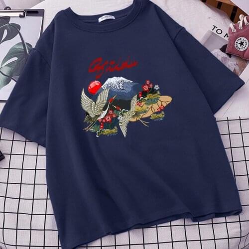 Crane Print T Shirts Women Hip Hop T-Shirt Chinese Character Casual Tops Tees Summer Harajuku Streetwear Tshirt Sleeve Tee