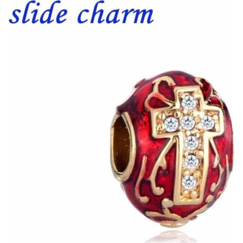 Slide charm Free shippingWhite Crystal Cross Red Eggs charm beads fit Pandora bracelet