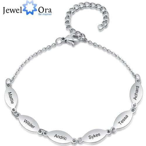 JewelOra Personalized Stainless Steel Oval Charms Bracelets for Women Customized Engraving 6 Names Family Bracelet Gifts for Mom