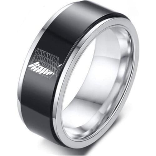 8mm Attack on Titan Black sliver Stainless Steel Ring Wings Of Liberty Flag Finger Rings For Men Women Jewelry Anime Fans
