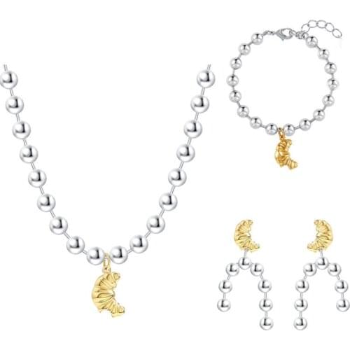 Gold and silver color matching new round ball bead chain oxen fortune long necklace bracelet earring set female