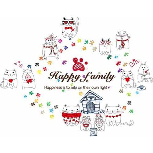 Cartoon happy family cat Wall Stickers kids room Living room Bedroom decoration Mural Decal for home decor combination Sticker
