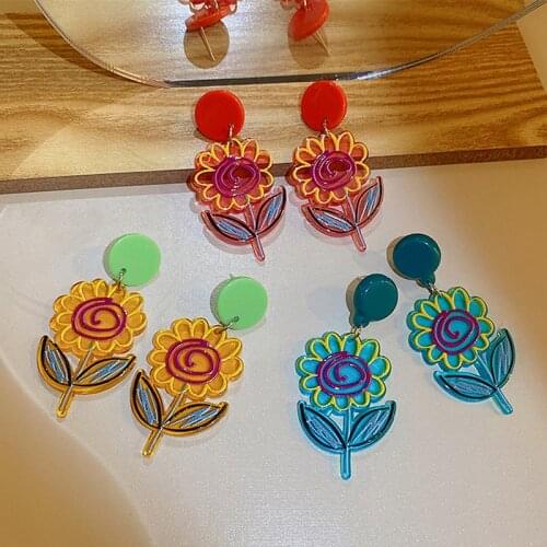 New Korean Earrings Funny Colorful Big Transparent Print Pianting Flowers Dangle Earrings for Women Girls Fashion Party Jewelry