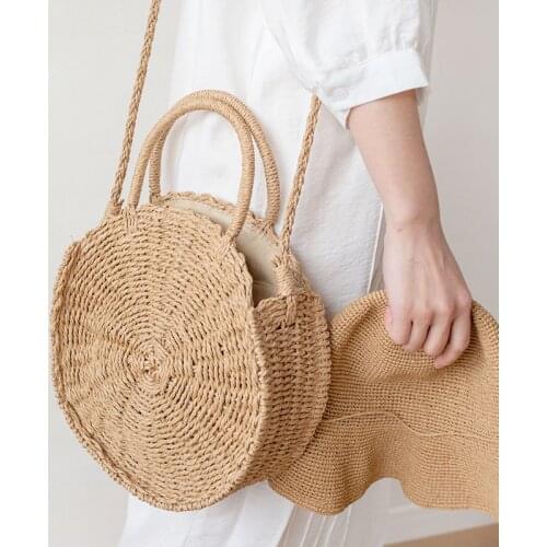Casual Round Rattan Women Handbags Wicker Woven Shoulder Crossbody Bags Handmade Large Tote Summer Beach Straw Bag Big Purses