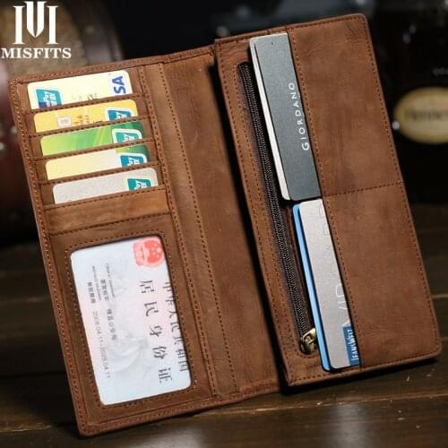 Quenya crazy horse genuine leather men wallets vintage long wallet with zipper pocket brand soft cowhide male purse card holder
