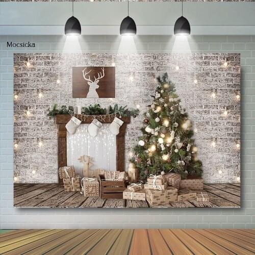 Christmas Backdrop Brick Wall Fireplace Backdrop Wood Floor Christmas Tree Reinder Paint Gifts Lantern Background Photobooth
