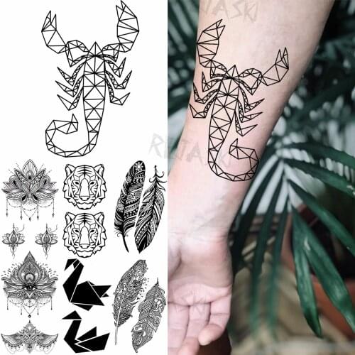 Geometry Scorpion Unique Temporary Tattoos For Men Women Pendant Paper Crane Feather Fake Tattoo Sticker 3D Black Animal Tatoos