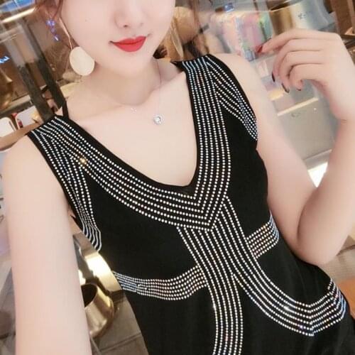 Fashion diamond sleeveless t-shirt women summer V-neck bright diamond tees plus size